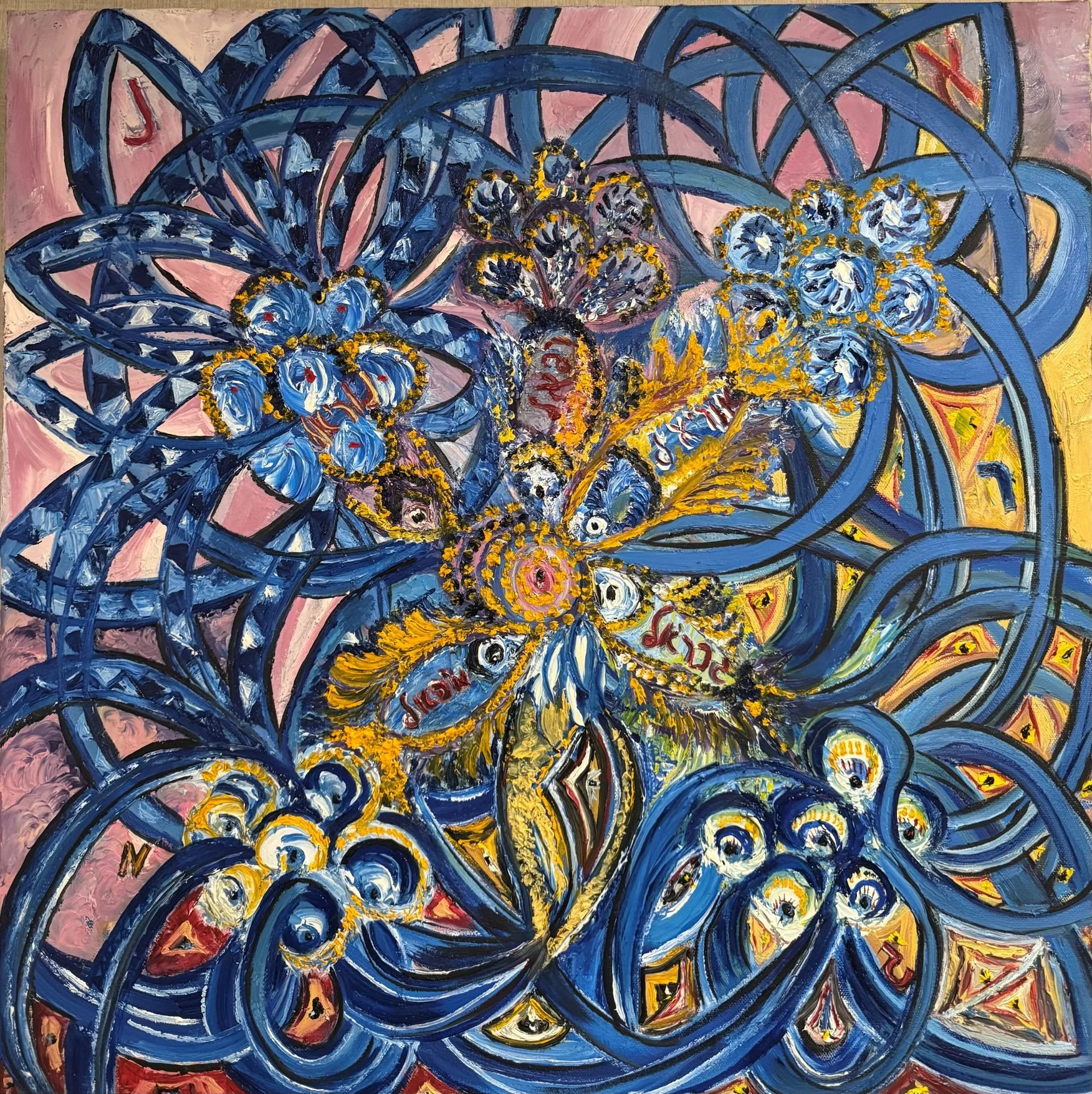 Abstract painting with blue, pink, yellow, and black swirling shapes and floral patterns.