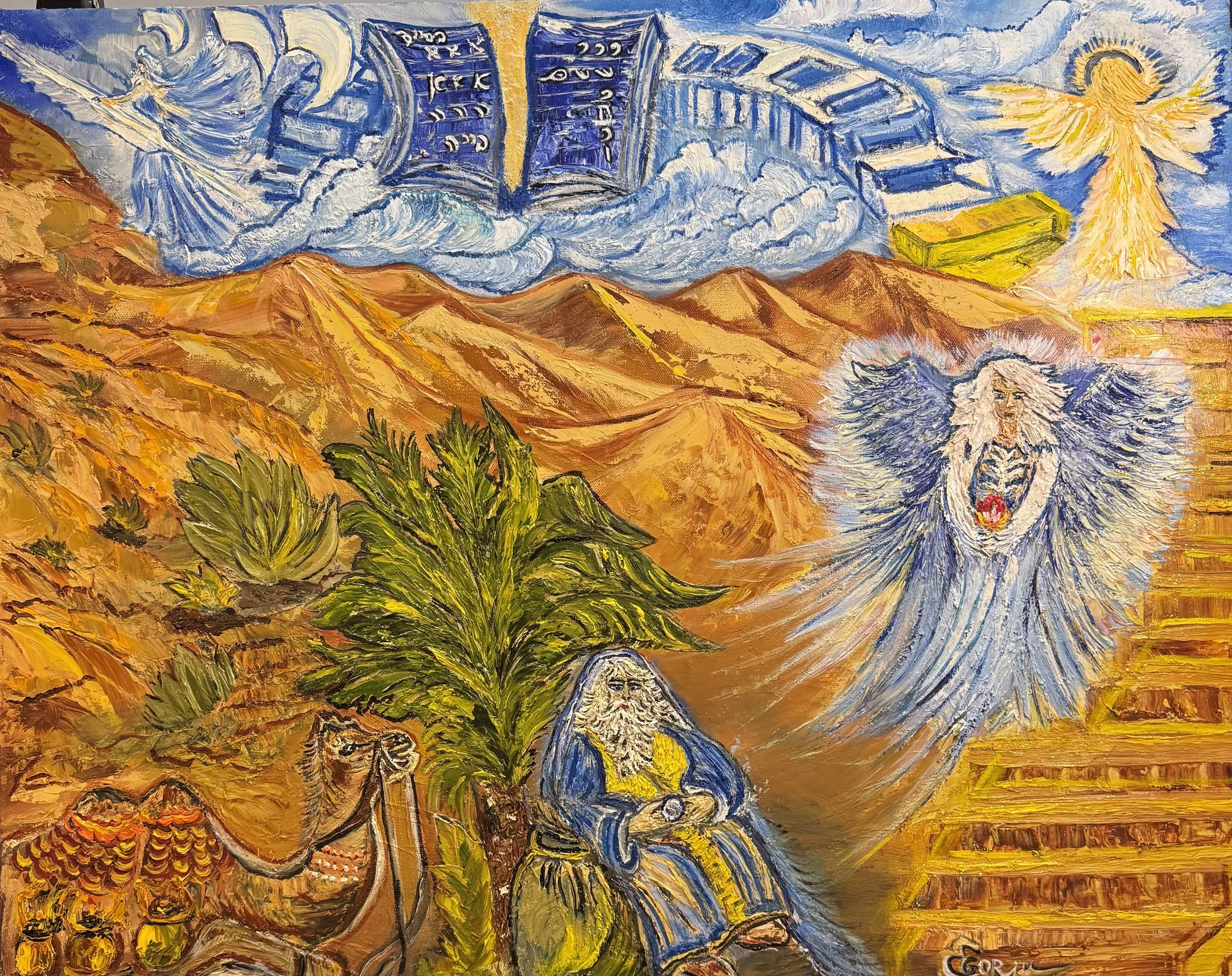 Colorful painting inspired by Vincent van Gogh's style, depicting mountains, clouds, a sun, and a figure with flowing hair in a vibrant, swirling landscape.