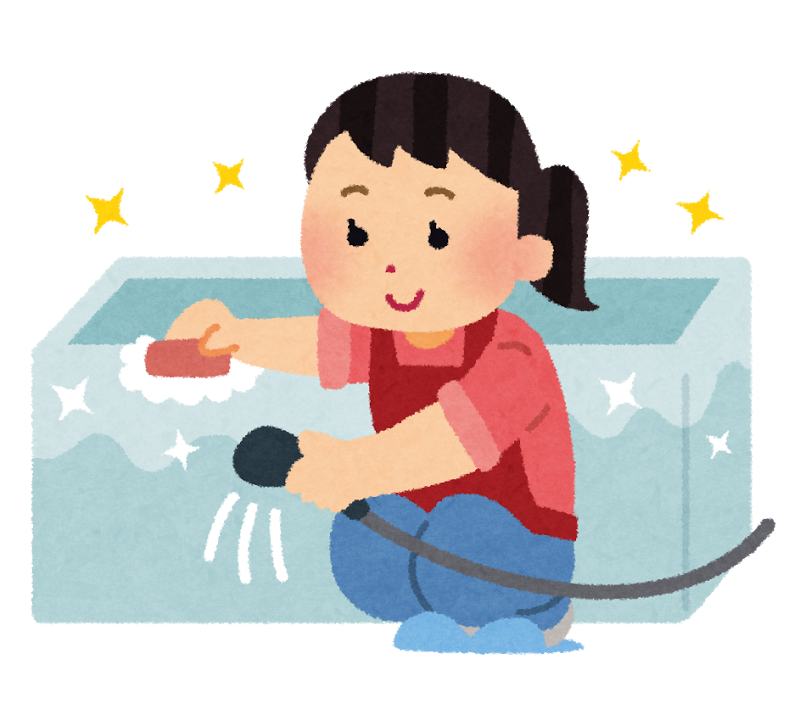 Illustration of a girl cleaning a bathtub with a brush and hose, surrounded by sparkling stars, representing cleanliness.