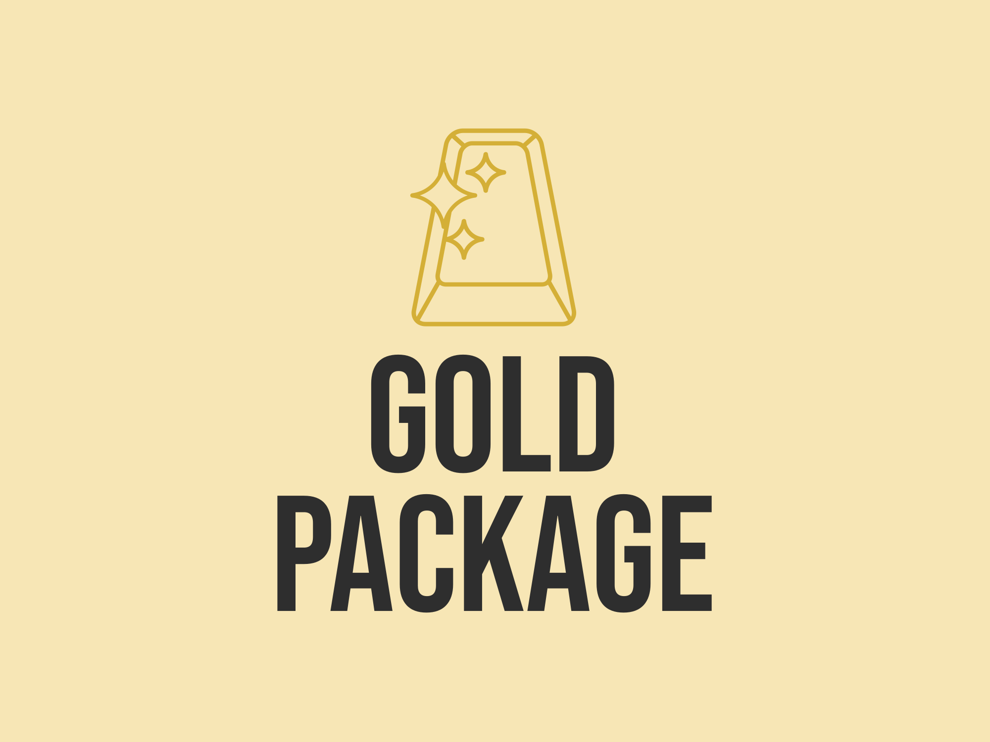 Illustration of a gold bar with sparkles above the text 'Gold Package' on a light yellow background.