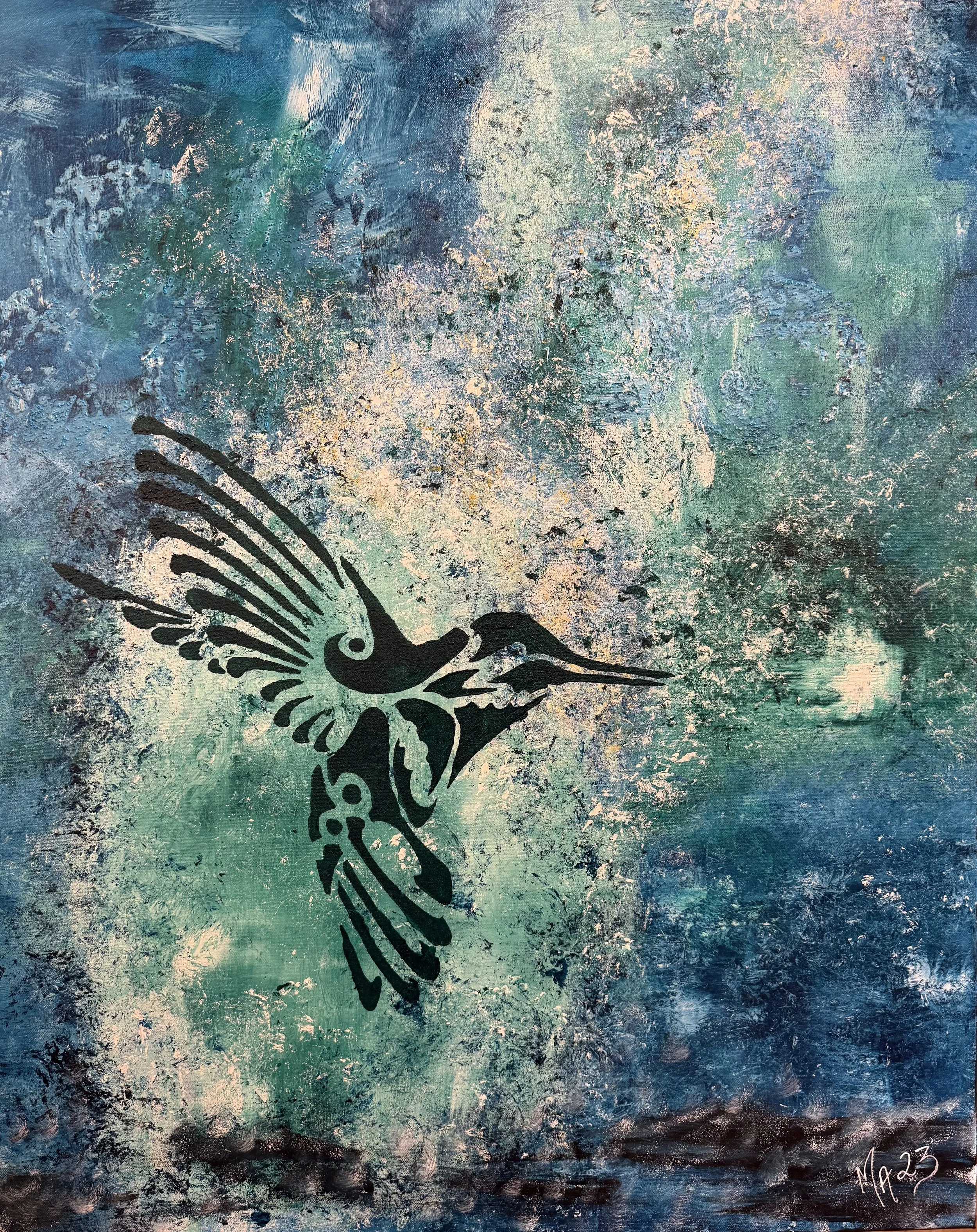 Kolibridans. Akryl på dyplerret 80 x 100 cm 