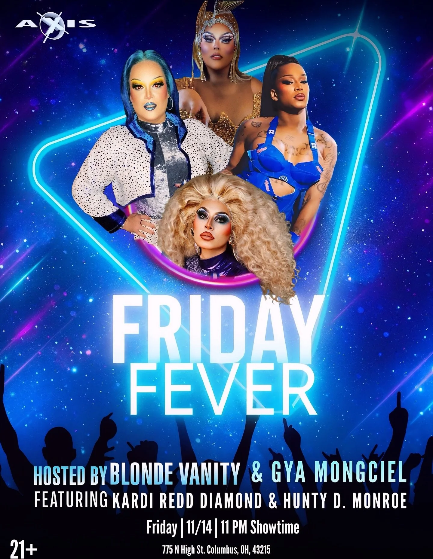 FRIDAY FEVER is back and our girls are TURNING IT.
Blonde Vanity &amp; Gya Mongciel are hosting the hottest Friday night in the city with Kardi Redd Diamond and Hunty D. Monroe lighting up the Axis stage. 🔥✨
11PM &bull; 21+ &bull; Let&rsquo;s dance.