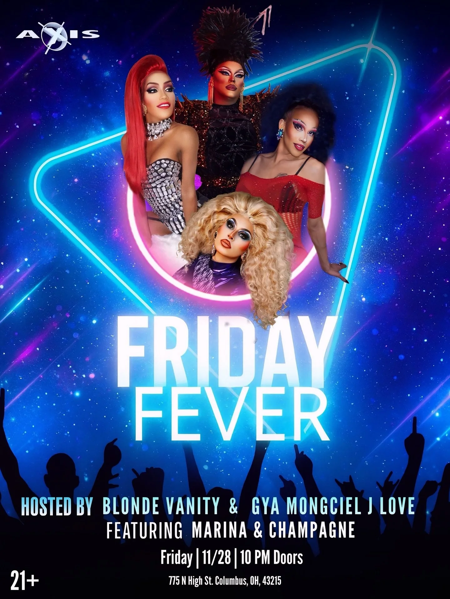 ✨ FRIDAY FEVER is BACK and we&rsquo;re turning Axis into a full-blown dance universe.
Hosted by Blonde Vanity &amp; Gya Mongciel J Love and featuring Marina C. Jones &amp; Champagne Bordeaux! this lineup is ready to light up your weekend.
Doors at 10