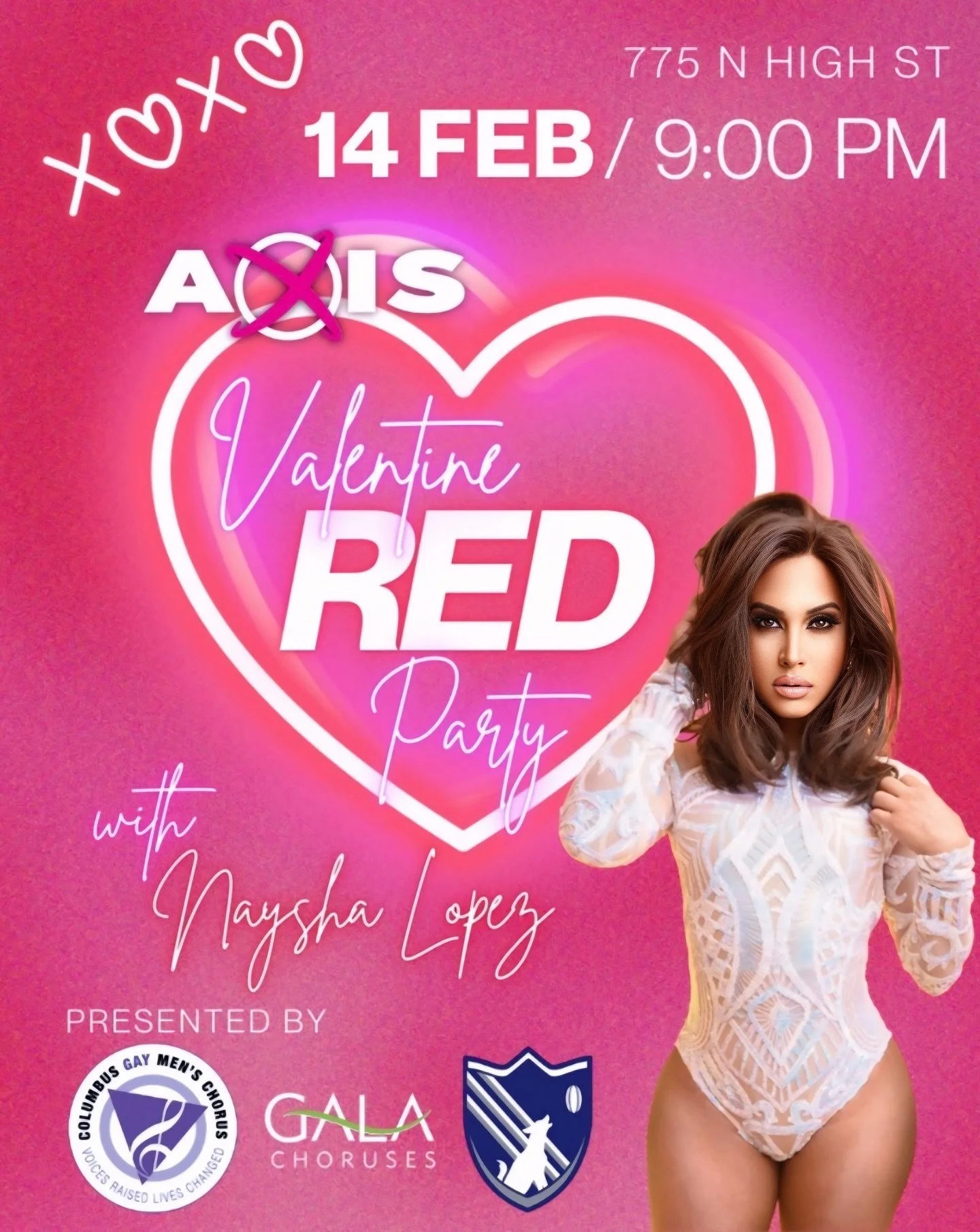 The Valentine&rsquo;s RED Party is taking over Axis tomorrow night &mdash; presented by the Columbus Coyotes, Columbus Gay Men&rsquo;s Chorus, and GALA Choruses. AND we&rsquo;re proud to welcome Naysha Lopez as our featured guest for the evening. 💋
