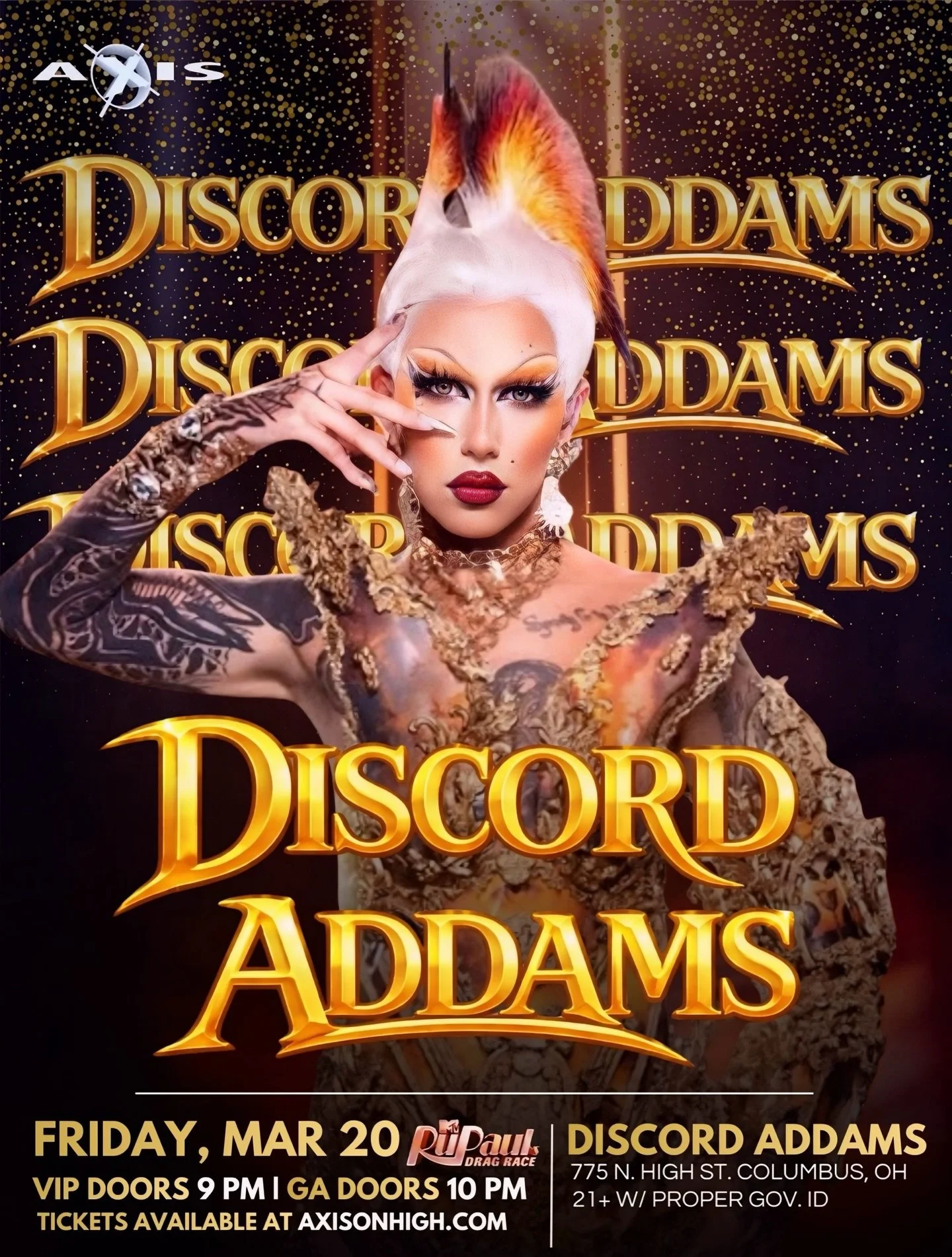 Chaos is coming to Columbus ❤️&zwj;🔥

Straight from RuPaul&rsquo;s Drag Race Season 18, the punk-rock powerhouse Discord Addams hits the Axis stage for one night only. Known for her dark, high-fashion, studded aesthetic and world-renowned runway wal