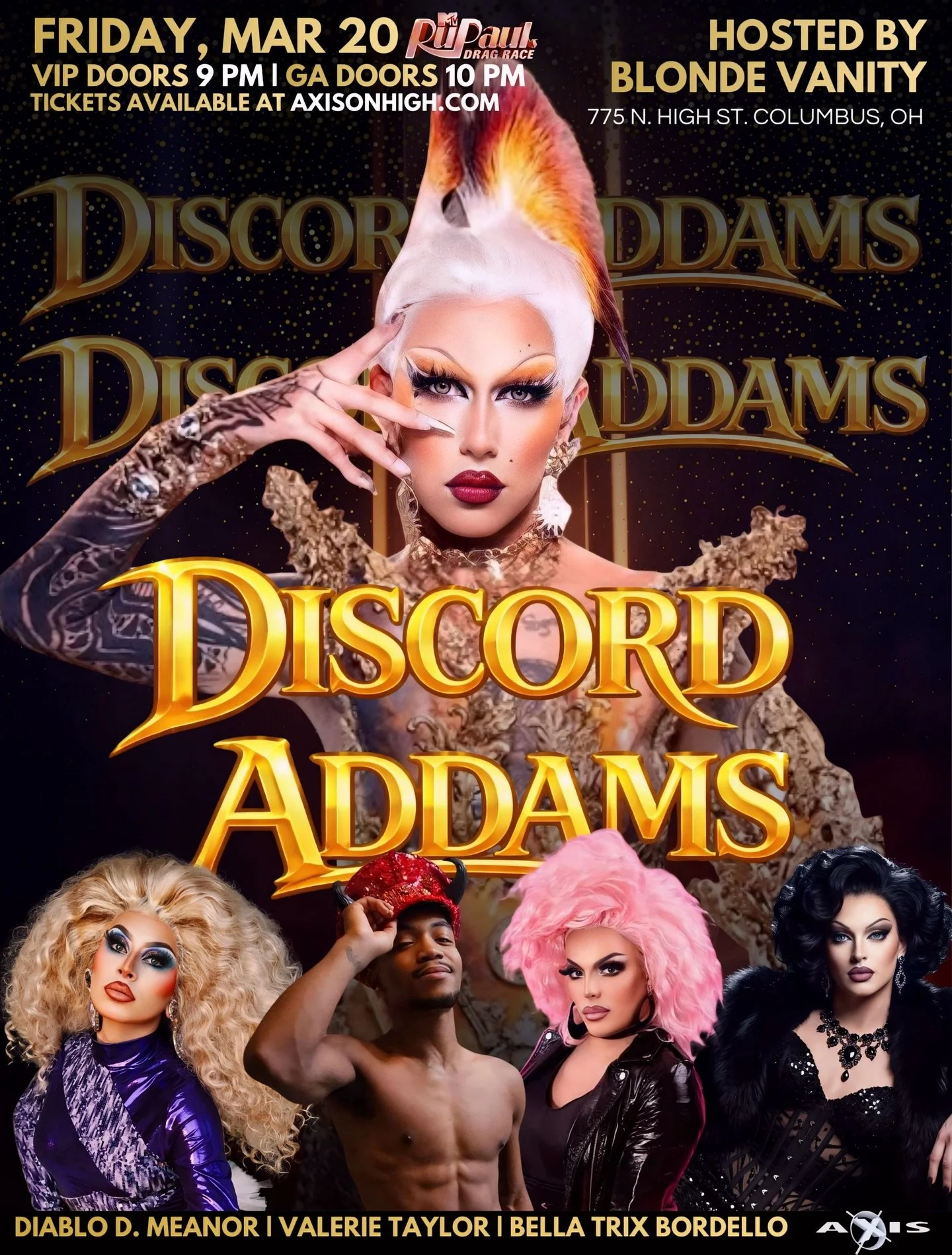THIS FRIDAY Discord Addams takes over Axis and this one is NOT to be missed ❤️&zwj;🔥🔥

Friday, March 20 &mdash; the stage is set for a full night of dark elegance, razor-sharp wit, and unforgettable performances. Come early for VIP at 9PM or slide 