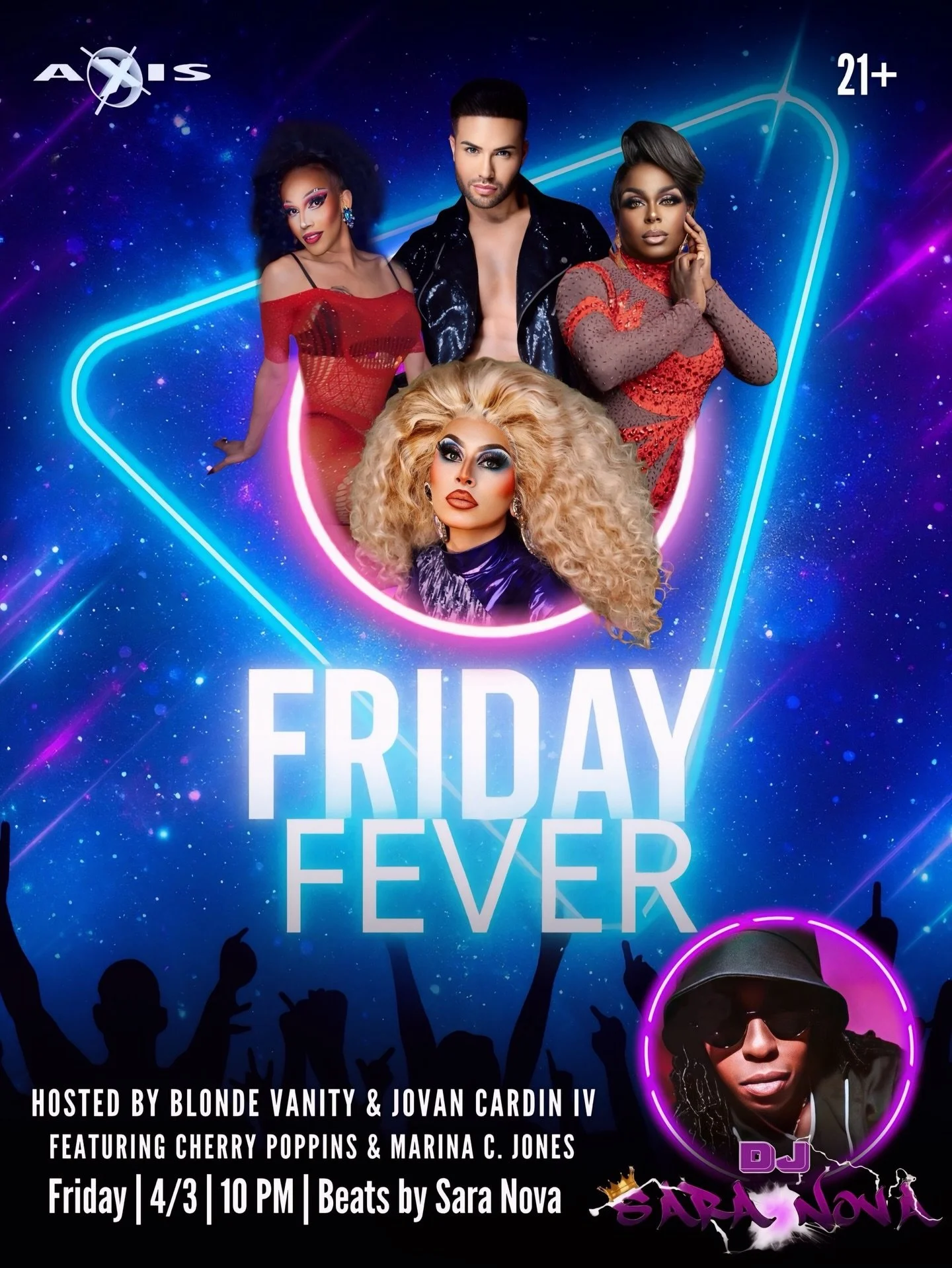 FRIDAY NIGHT 🔥

DJ Sara Nova is taking over the booth to keep you dancing all night! Blonde Vanity and Jovan Cardin IV are hosting a fabulous cabaret show featuring the talents of Marina C. Jones and Cherry Poppins! 

Come drink, dance, and be in a 