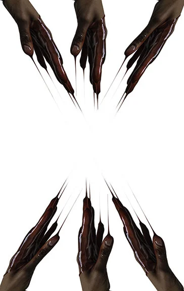 fine art print of six hands reaching out to each other covered in fake blood (Copy)