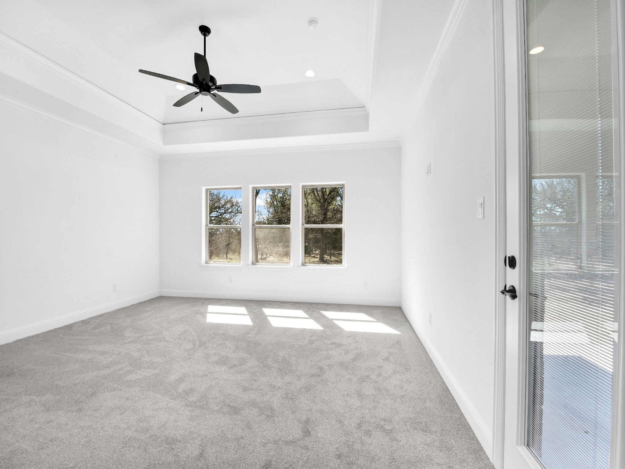 Empty white room with gray carpet, three windows, a ceiling fan, and a glass door with blinds.