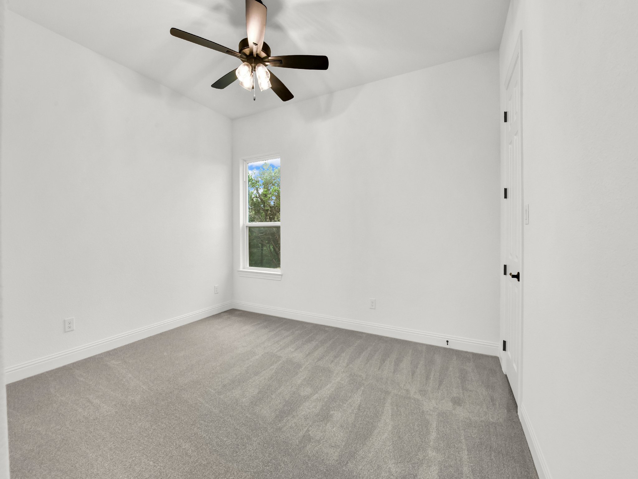 Empty room with white walls, beige carpet, a window showing trees outside, a white door, and a ceiling fan with lights.