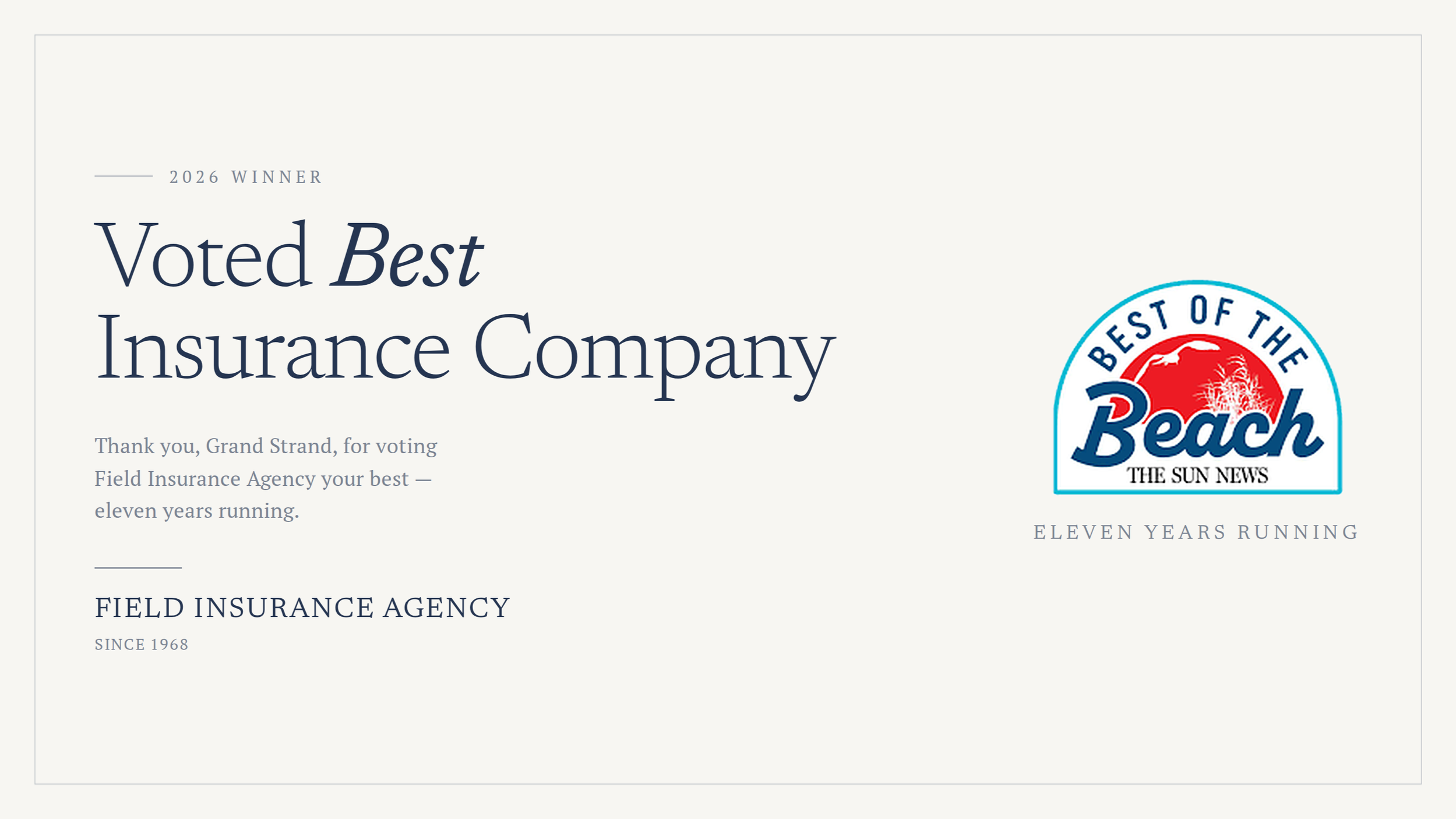 Field Insurance Agency Voted "Best Insurance Company" 2026 — 11 Years Running
