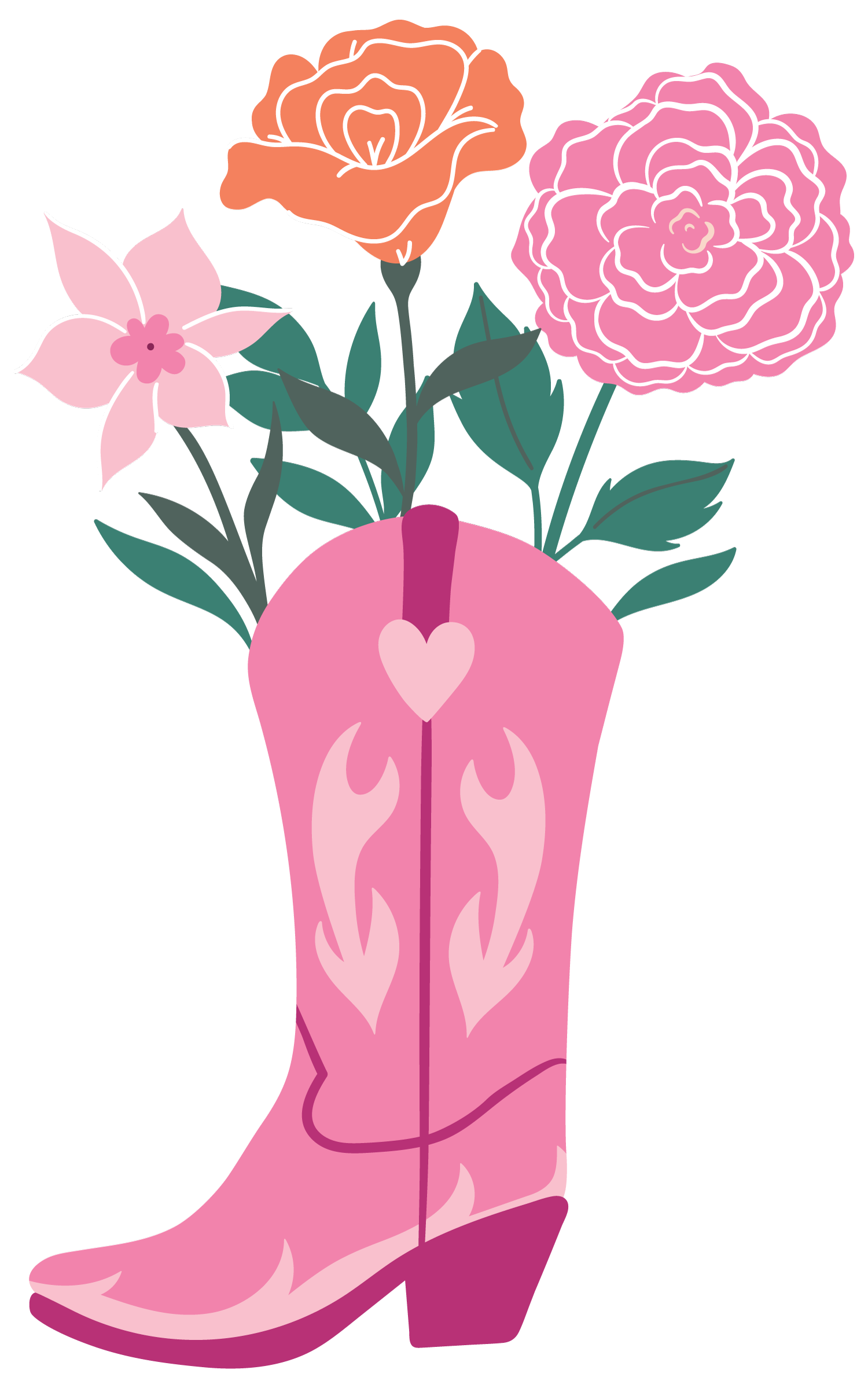 Illustration of a pink cowboy boot filled with pink, orange, and purple flowers