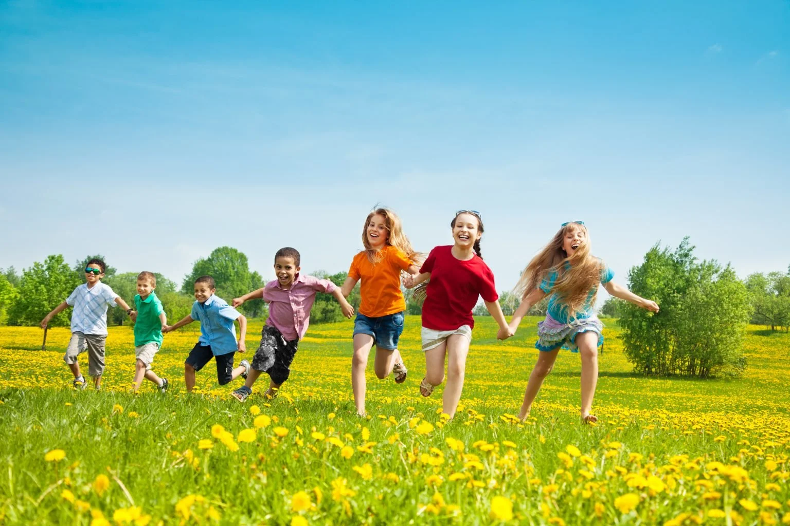 Children holding hands and running through a field of yellow flowers under a clear blue sky, surrounded by green trees.