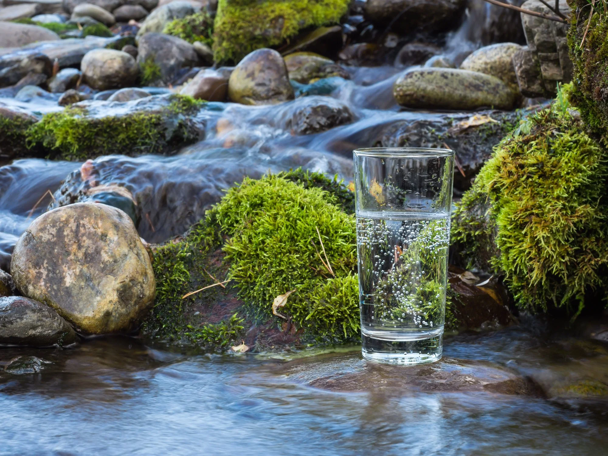 Glass of water with bubbles on a rock near moss and flowing stream.