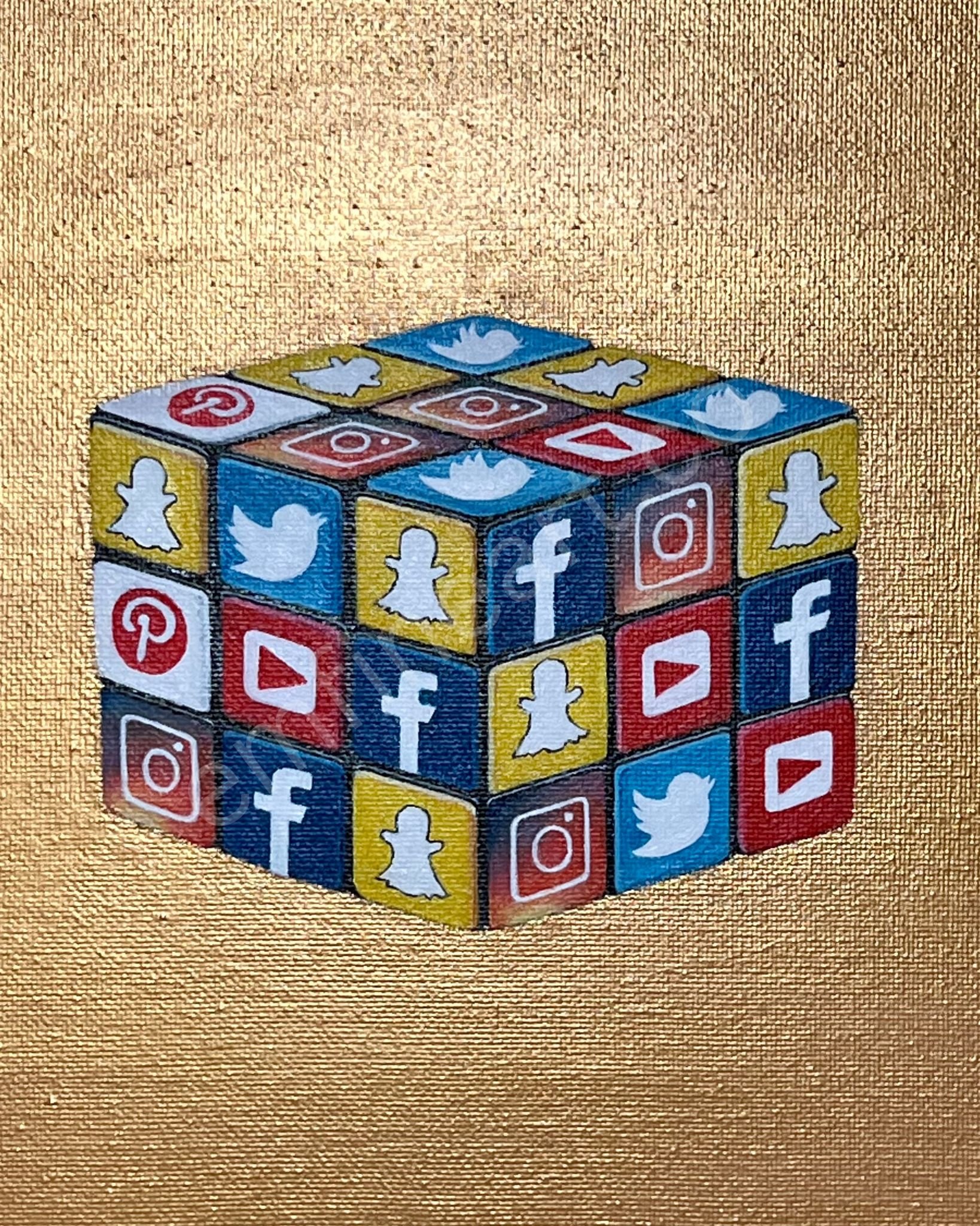 “The Puzzle” – 10x10 Original Acrylic Painting of Rubik’s Cube with Social Media Logos, Contemporary Digital Life Art