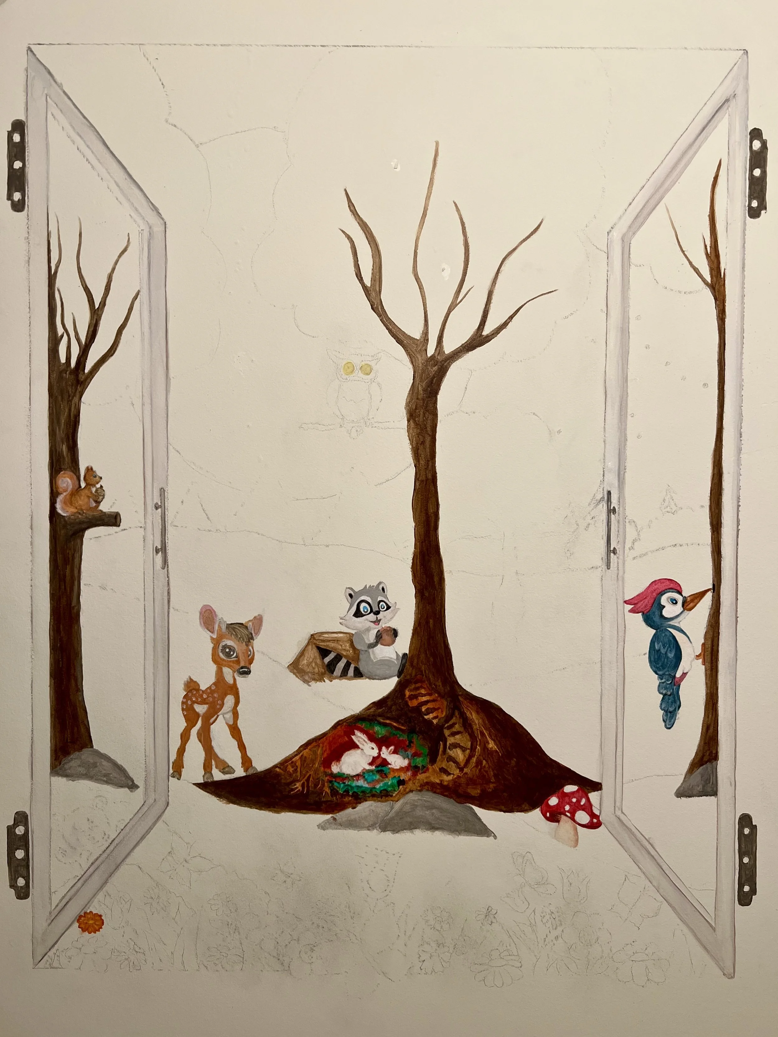 A whimsical drawing of an open doorway revealing a scene of a forest with a central leafless tree. Around the tree are cartoon animals including a fawn, a raccoon, a woodpecker, and two mice, with some animals partly sketched and not colored in. Ther