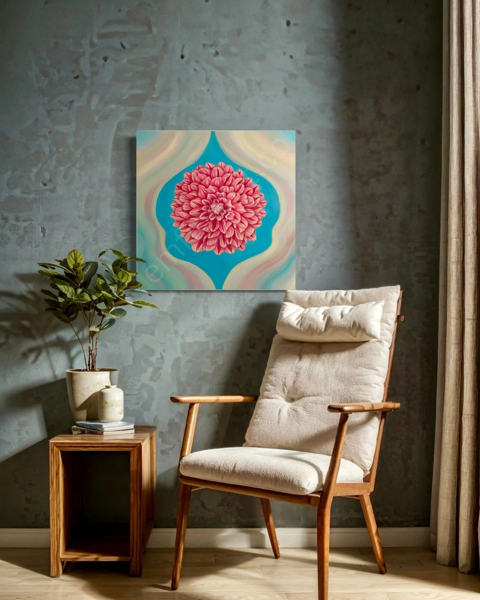 “The Dahlia” – 24x24 Original Oil Painting of Blooming Flower on Canvas, Botanical Wall Art
