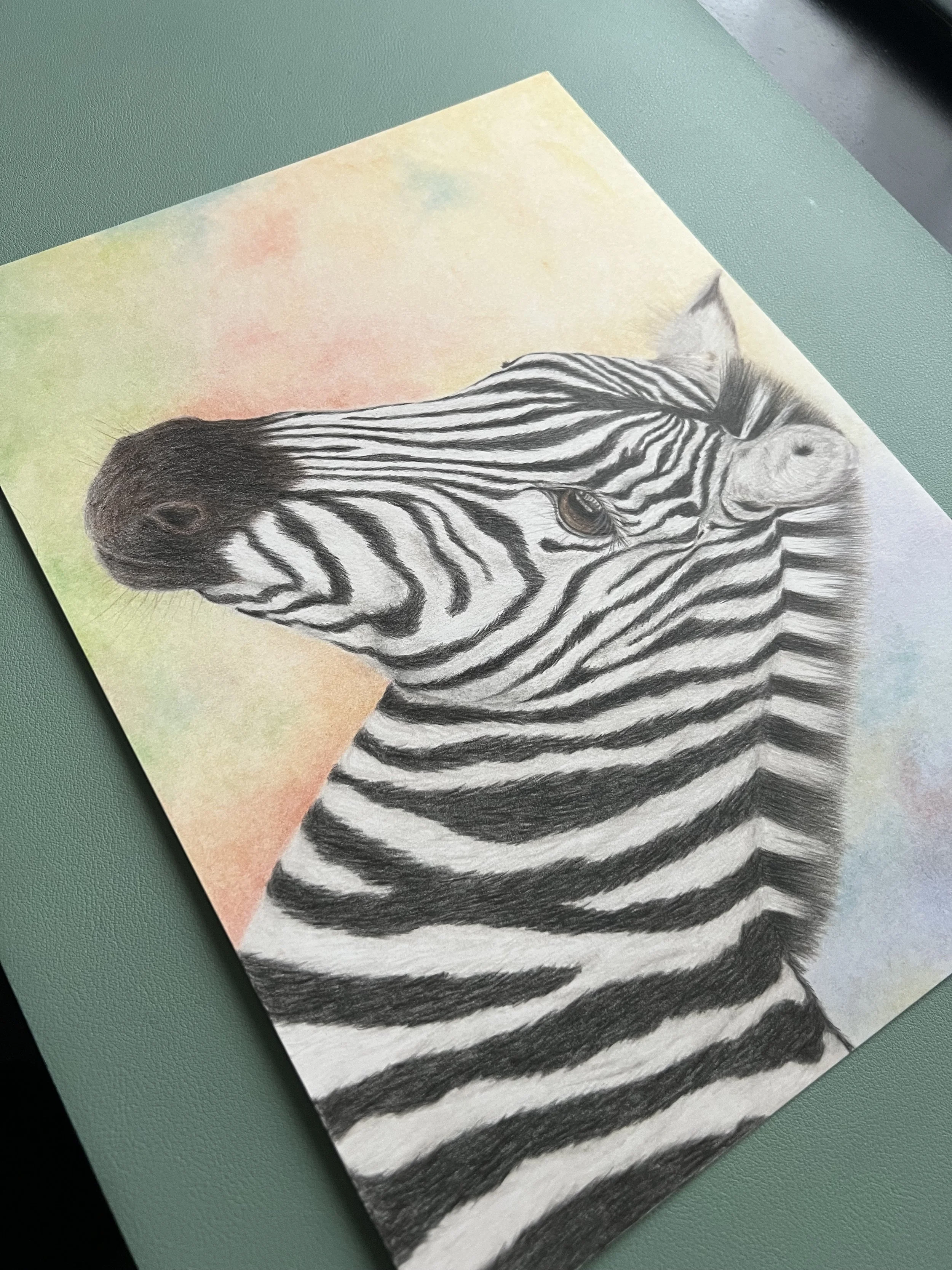Colorful painting of a zebra with black and white stripes, set against a pastel background.