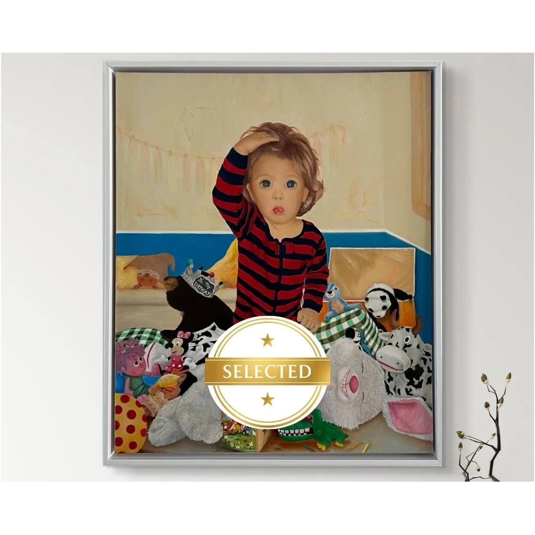 “Wasn’t Me!” – 20x24 Original Mixed Media Whimsical Child Portrait with Toys, Bunny & Imaginative Storytelling Art