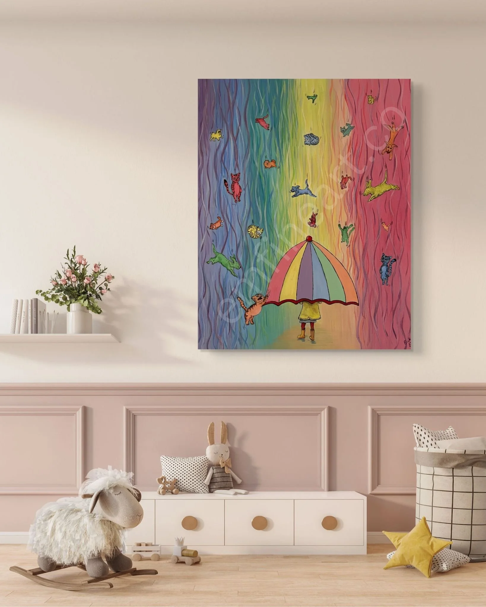 "Raining Cats and Dogs" – 16x20 Colorful Original Artwork of Whimsical Girl, Pets & Rainbow Rain