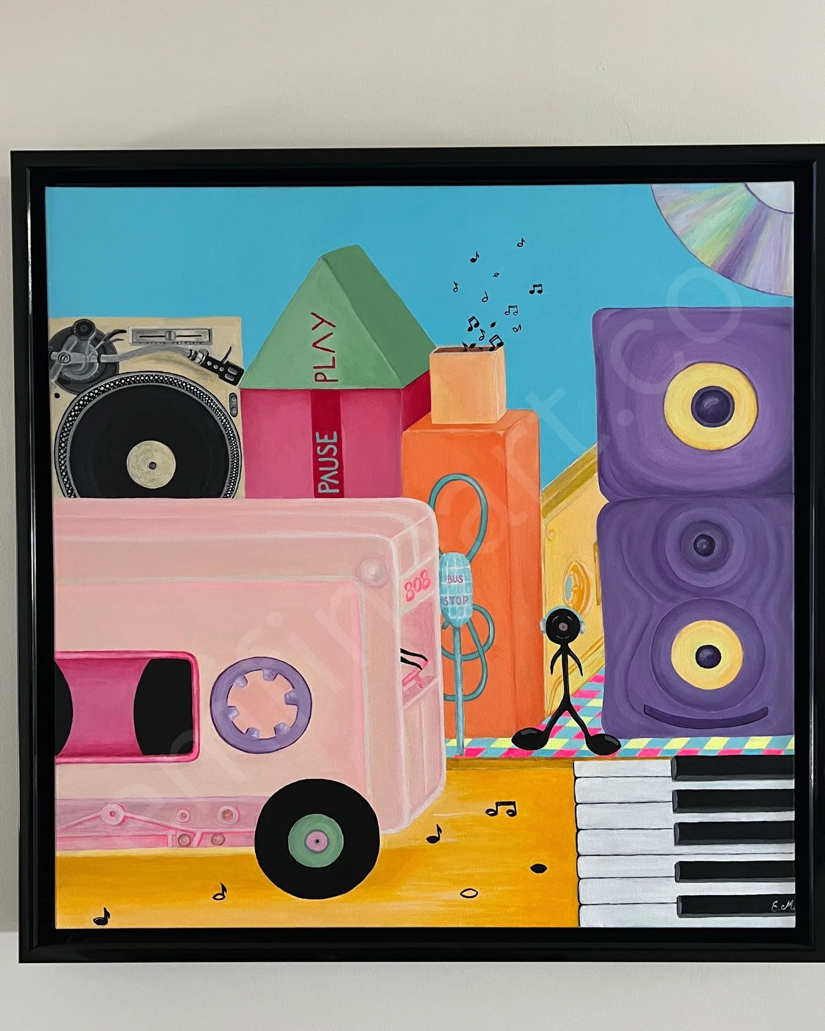 “Happy Place” – Original 24x24 Acrylic Painting of Colorful Music-Inspired Cityscape with Piano Crosswalk and 808 Bus