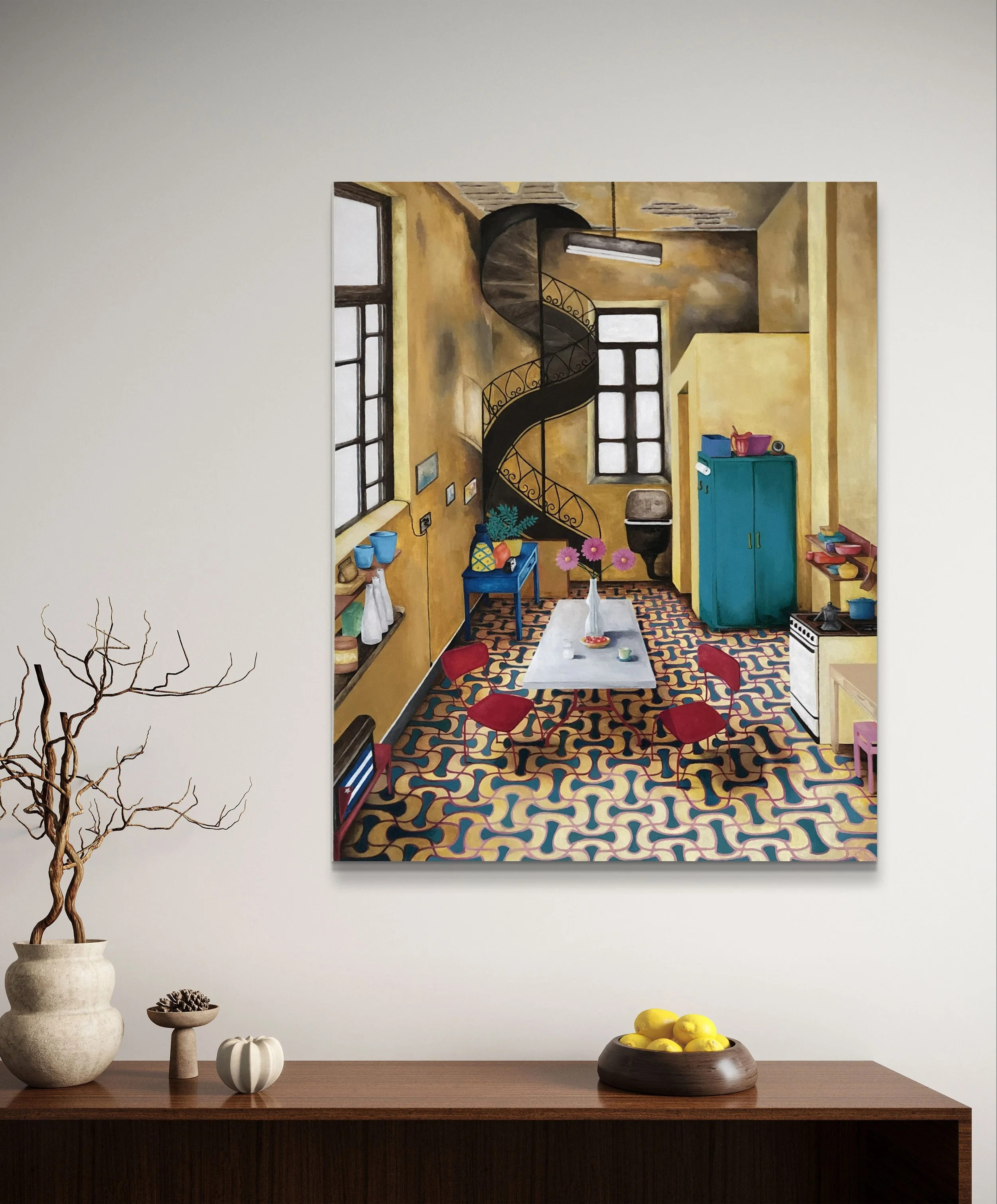 Painting of an interior room with a spiral staircase, a table with flowers, and vintage-style decor.