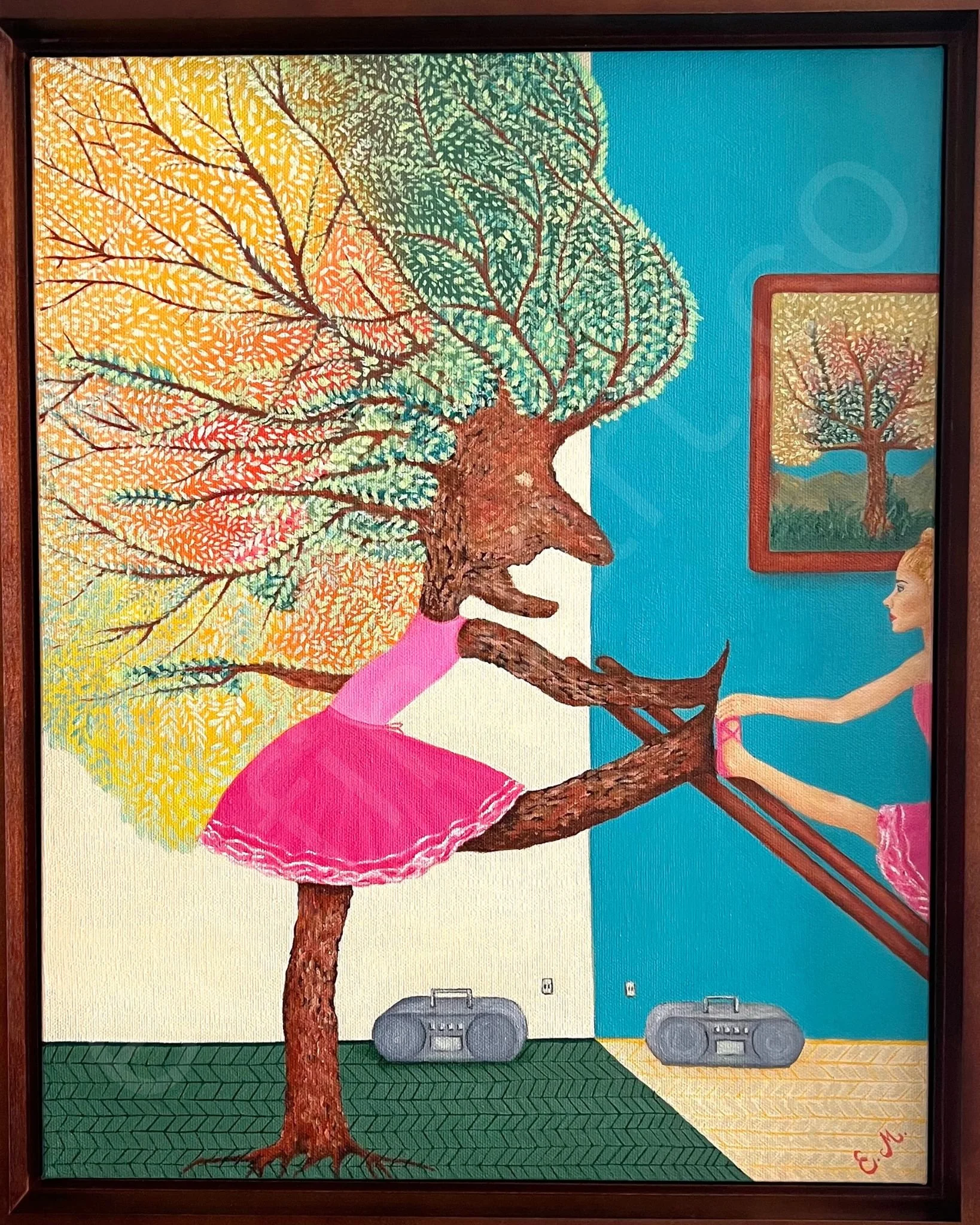 “What If…” – 16x20 Original Oil Painting of Imaginative Ballerina Tree in Pink Tutu, Surreal Dance Art