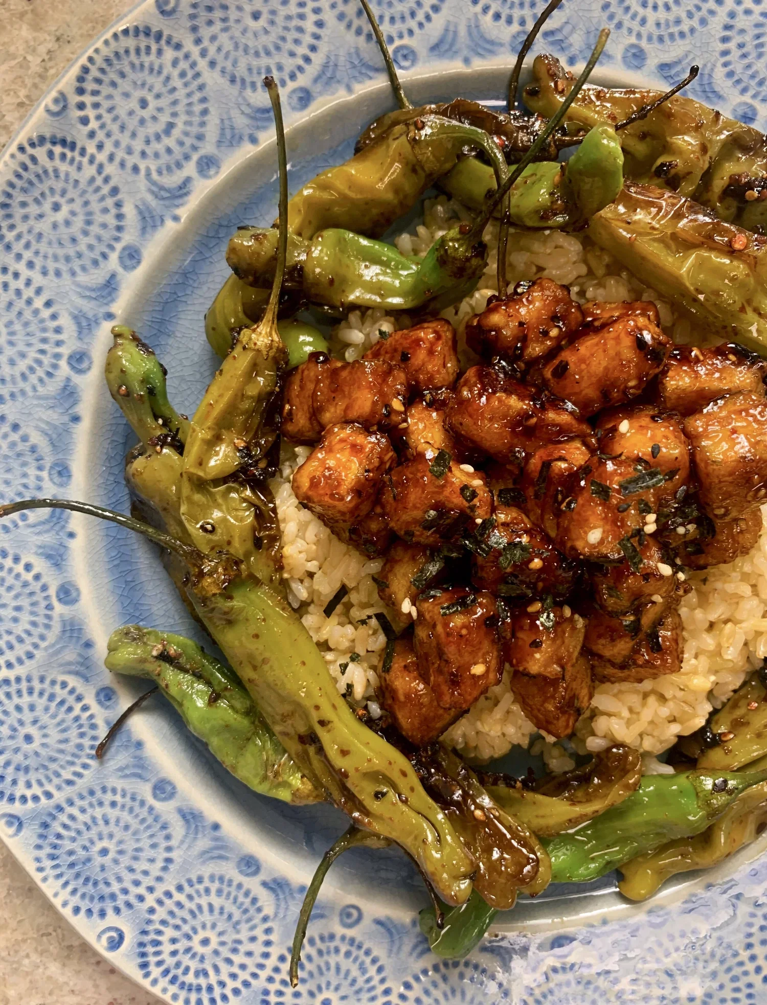 Crispy Soy-Glazed Tofu with Shishito Peppers &amp; Brown Rice