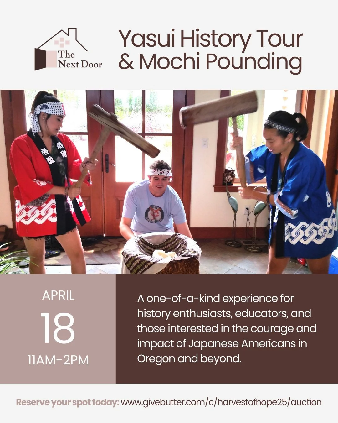 ONLY ONE TICKET LEFT! 📣 If you missed out on tickets for February&rsquo;s event, this is your last chance to join us this spring for the Yasui History Tour &amp; Mochi Pounding! Reserve your spot today at the link in our bio.