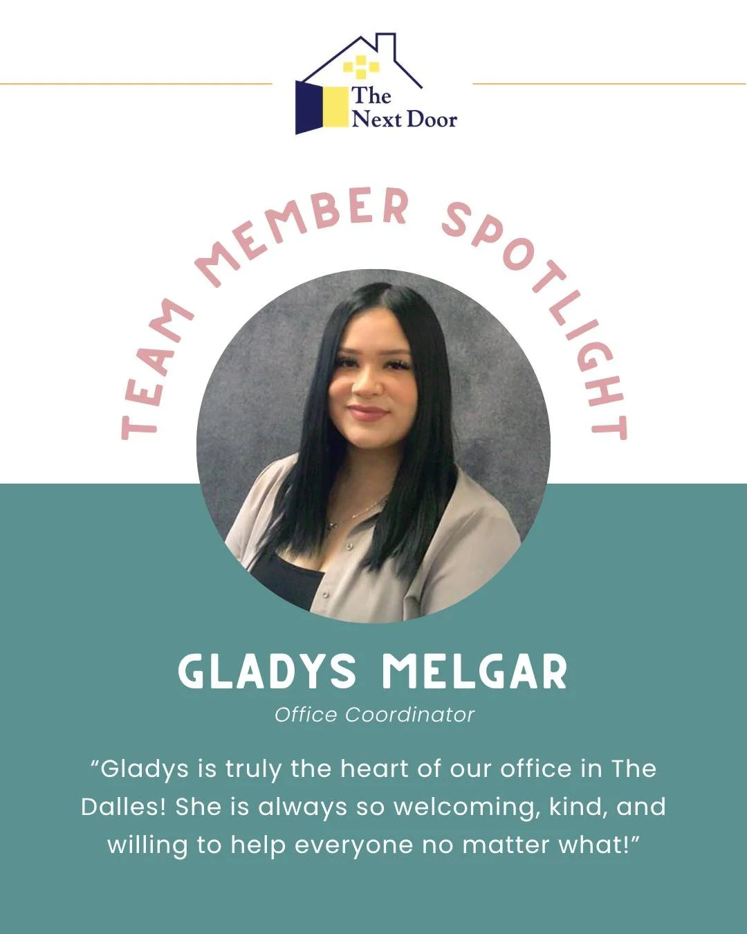 This month's Team Member Spotlight is on Gladys Melgar! ✨

Gladys has been with The Next Door for a year and plays an essential role in keeping our office in The Dalles running smoothly. From organizing our Clothing Closet to keeping the break room s