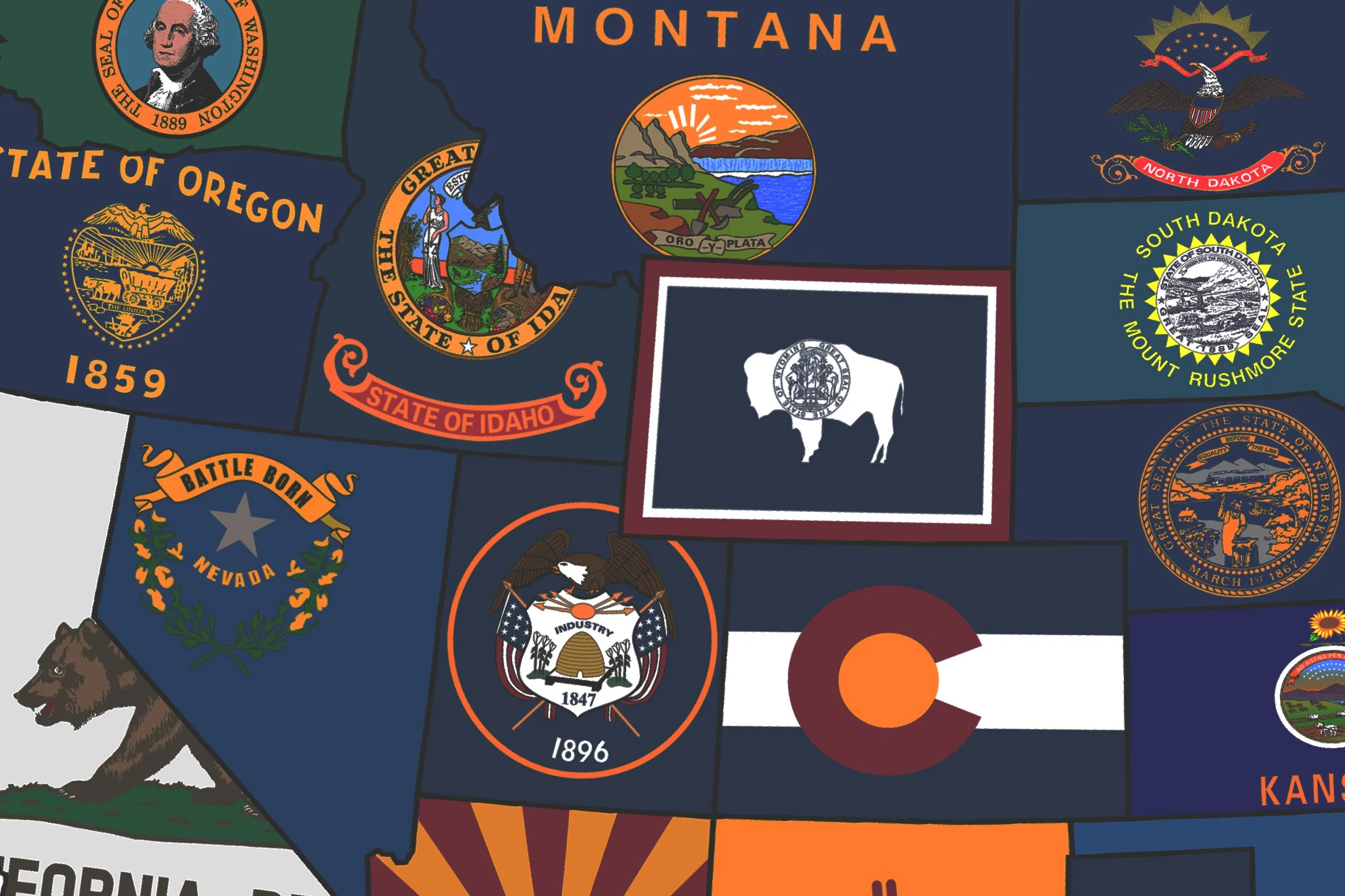 Close-up of a detailed illustrated map of U.S. states and their flags, focusing on west and mountain states including Montana, Idaho, Nevada, Colorado, and Nebraska, with various state seals and symbols.