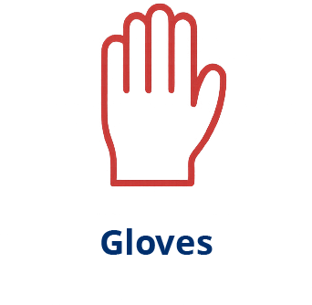 Red neon outline of a hand with fingers extended, above the word "Gloves" in bold blue text on a white background.