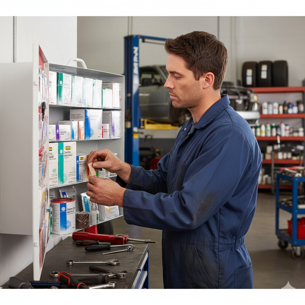 A mechanic wearing a blue jumpsuit is organizing medication or supplies on a shelf inside an auto repair shop. There are tools on a nearby workbench and a vehicle lifted in the background.