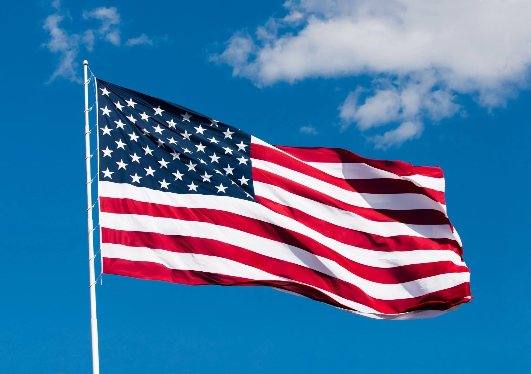 American flag waving in the wind under a partly cloudy sky.