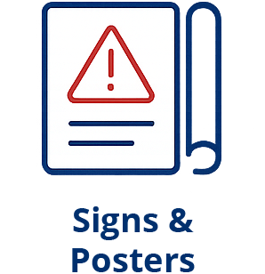 Warning sign with exclamation mark inside a triangle on a blue background, indicating caution or alert.