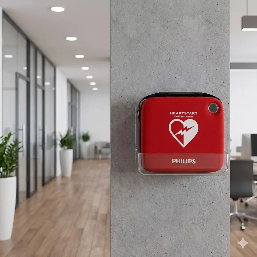 Red automatic external defibrillator (AED) mounted on a wall in an office hallway.