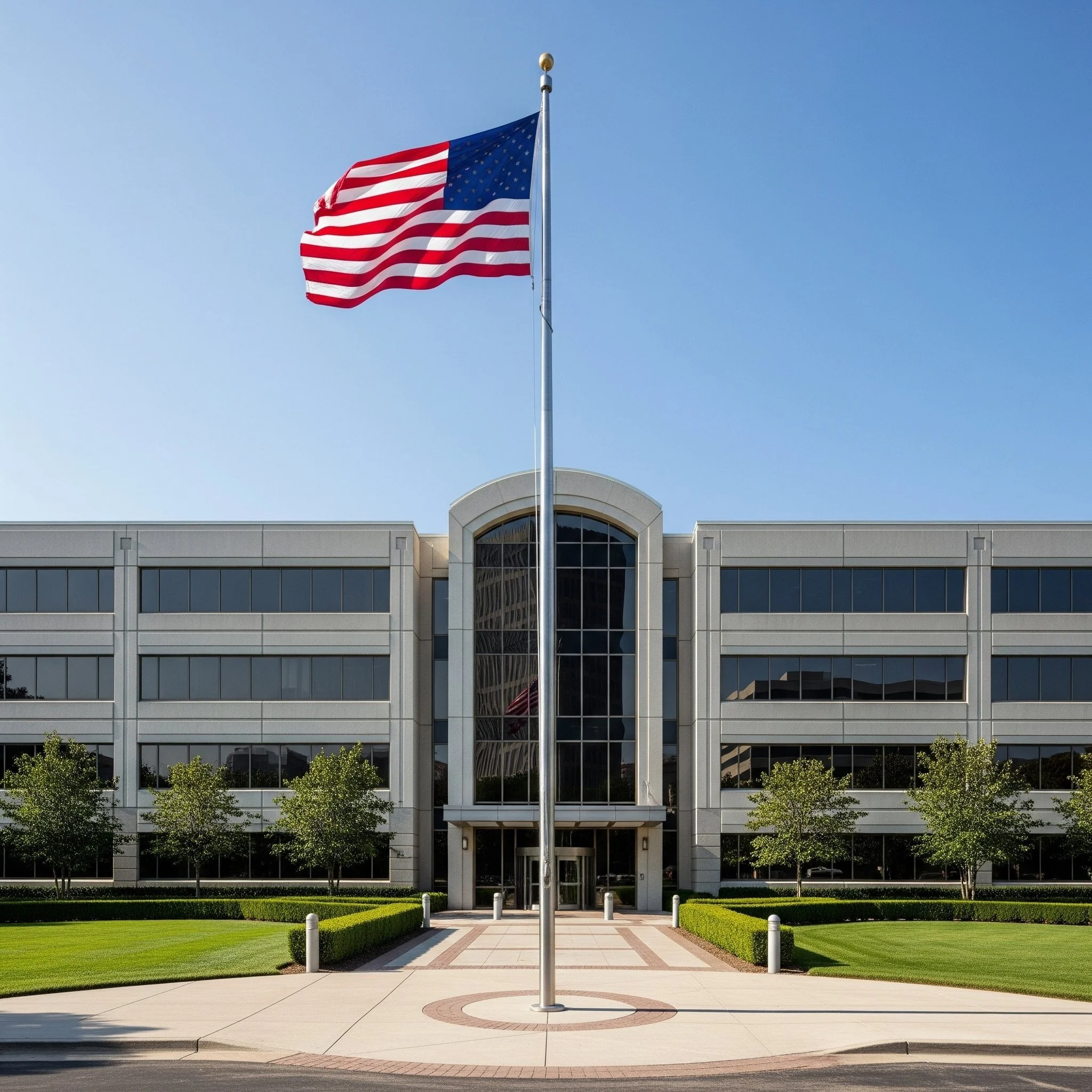 American flag flying on a flagpole in front of a modern office building with glass windows and landscaped lawn.