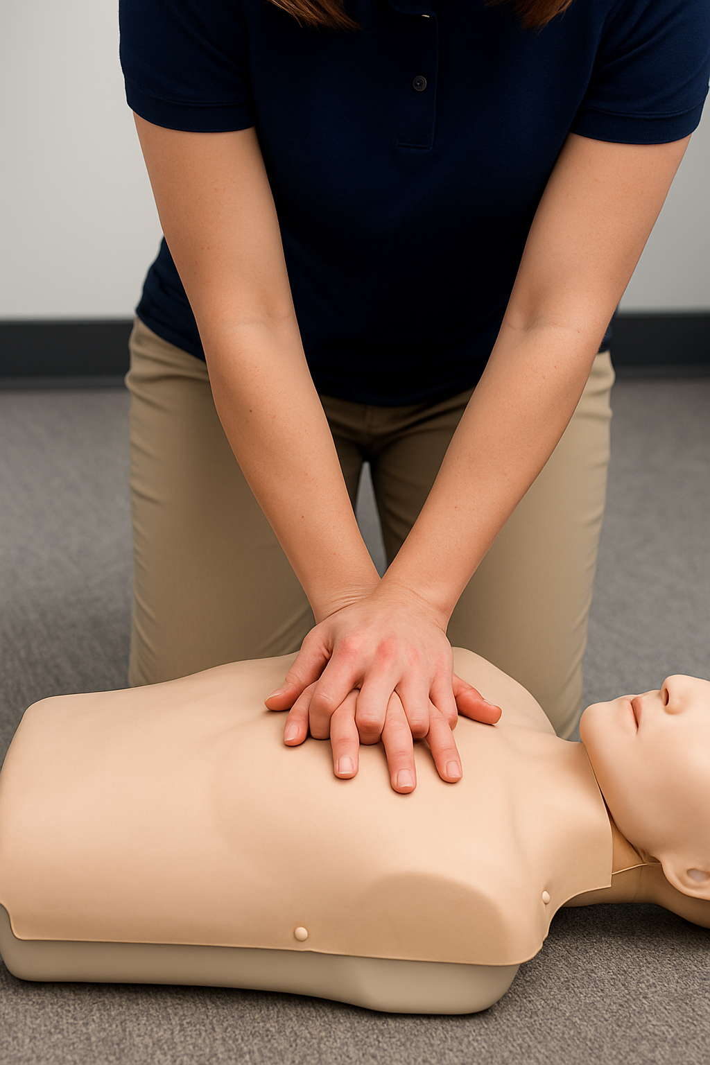 Person performing hands-only CPR on a training mannequin in a classroom setting.