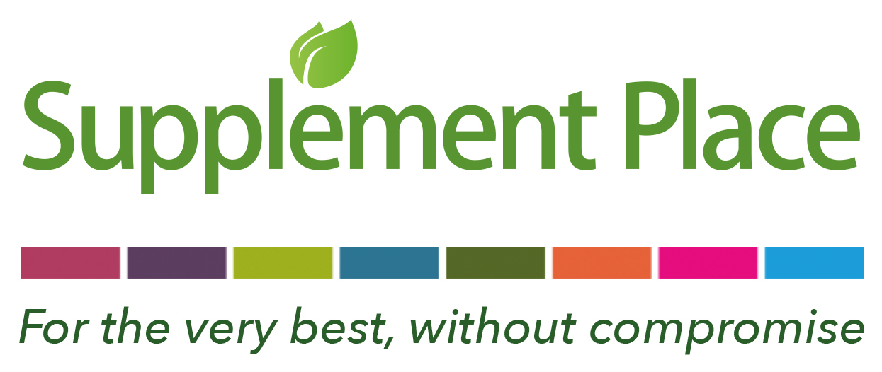 Logo for Supplement Place with a green leaf and text 'Supplement Place' and a slogan 'For the very best, without compromise' in green with colored bars underneath.