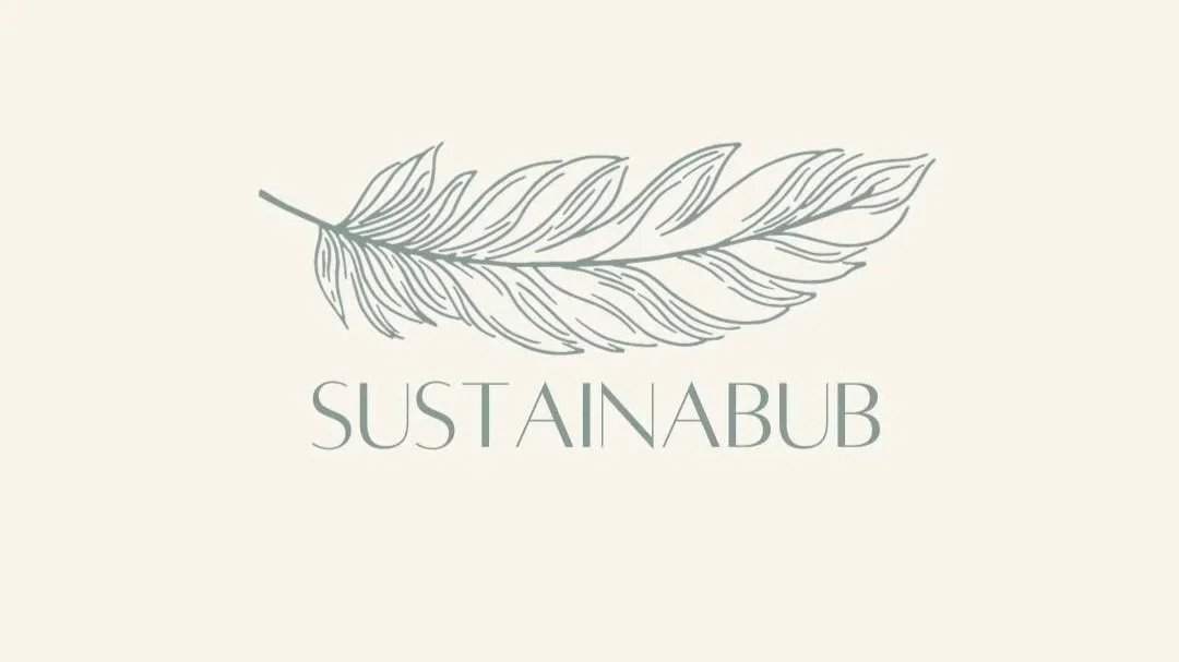 A minimalist logo with a feather design and the word 'SUSTAINABUB' in uppercase letters.