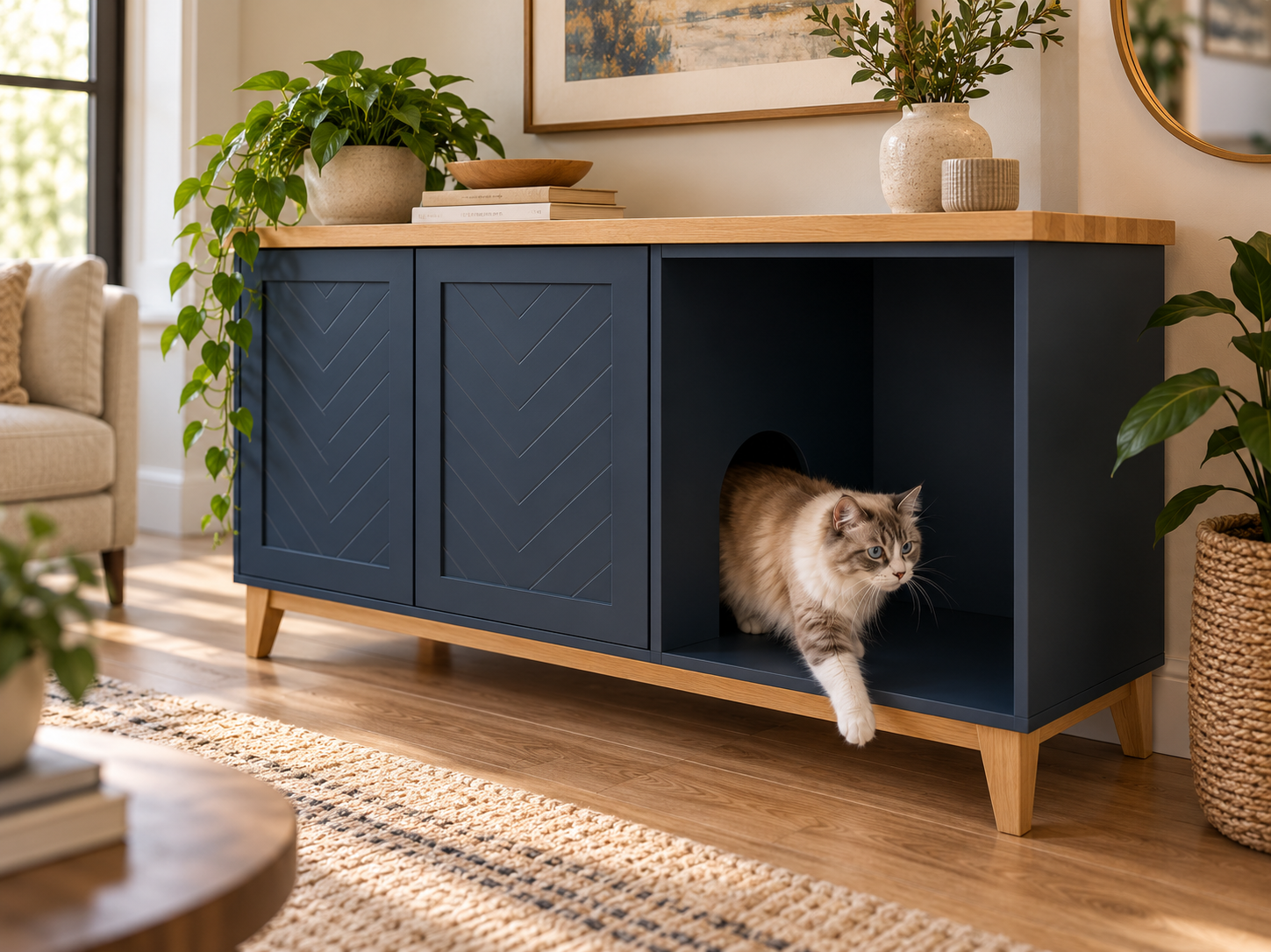 Navy Cat Cabinet in Cozy Living Room.png