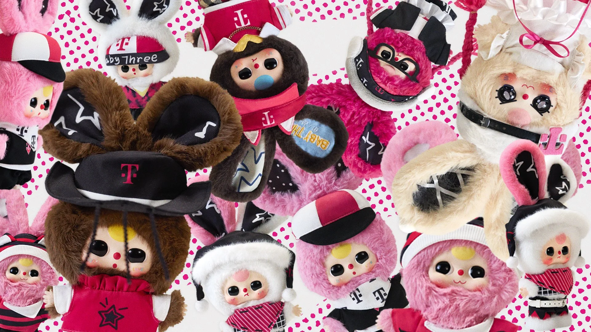Dense collage of Baby Three plush dolls dressed in T-Mobile–themed outfits. Dozens of bunny-eared characters, mostly pink, brown, and white, fill the frame at different angles, some upside down. They wear branded caps, scarves, hoodies, and skirts.