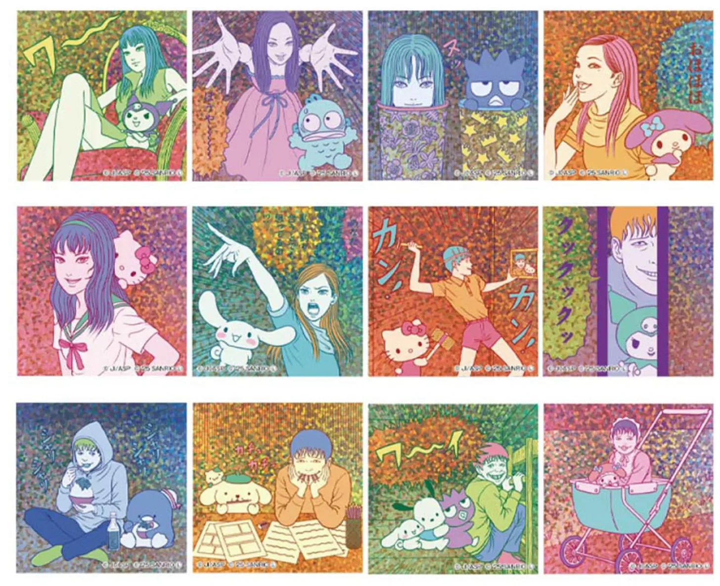 Promotional graphic showing a grid of 12 colorful Junji Ito × Sanrio crossover illustrations, with Japanese text listing the “trading card” hologram sticker set, price ¥550 each, and 1-box price ¥6,600.