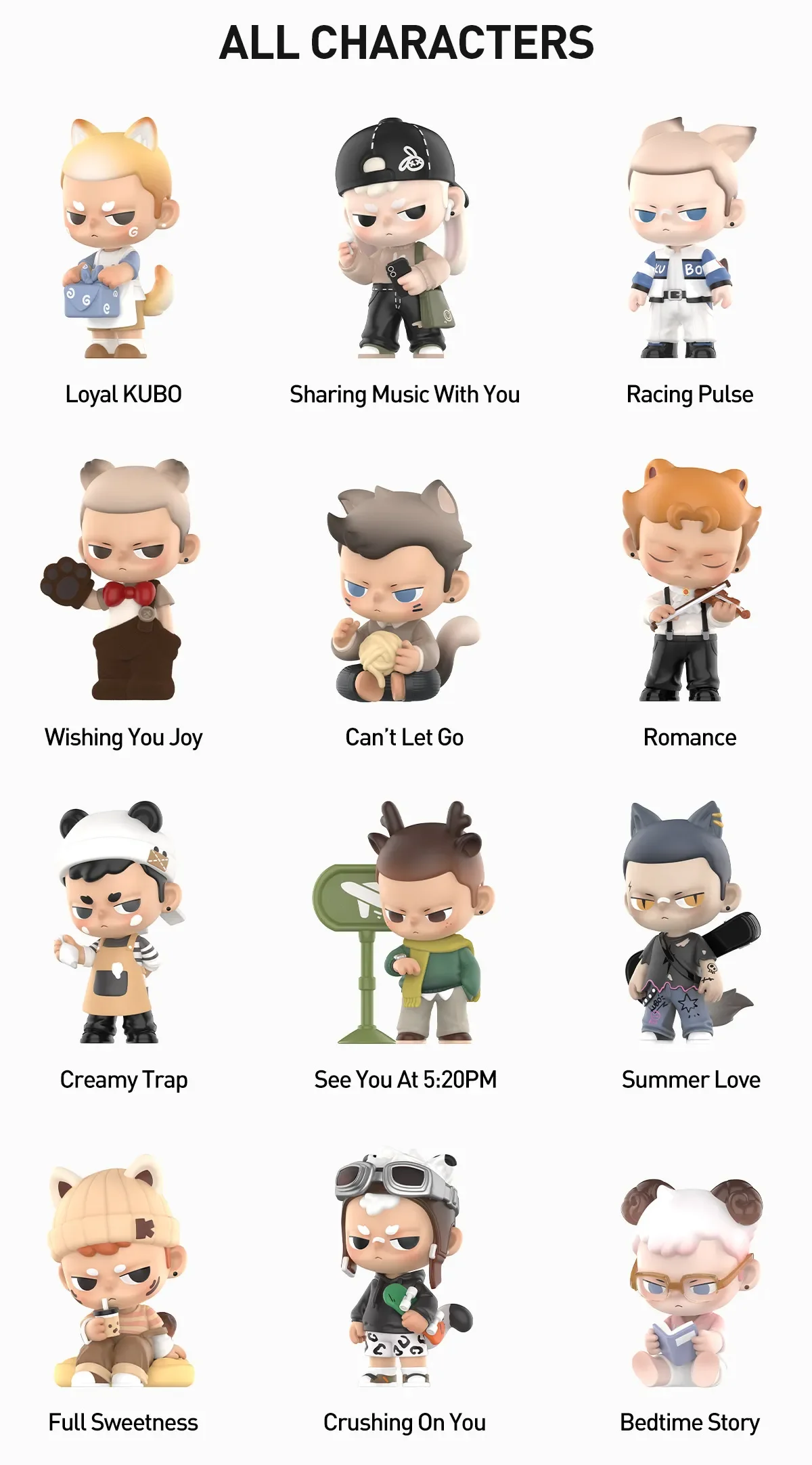 12 KUBO 24/7 YOU mini figures in a 3×4 grid, each labeled: Loyal KUBO, Sharing Music With You, Racing Pulse, Wishing You Joy, Can’t Let Go, Romance, Creamy Trap, See You At 5:20PM, Summer Love, Full Sweetness, Crushing On You, and Bedtime Story.