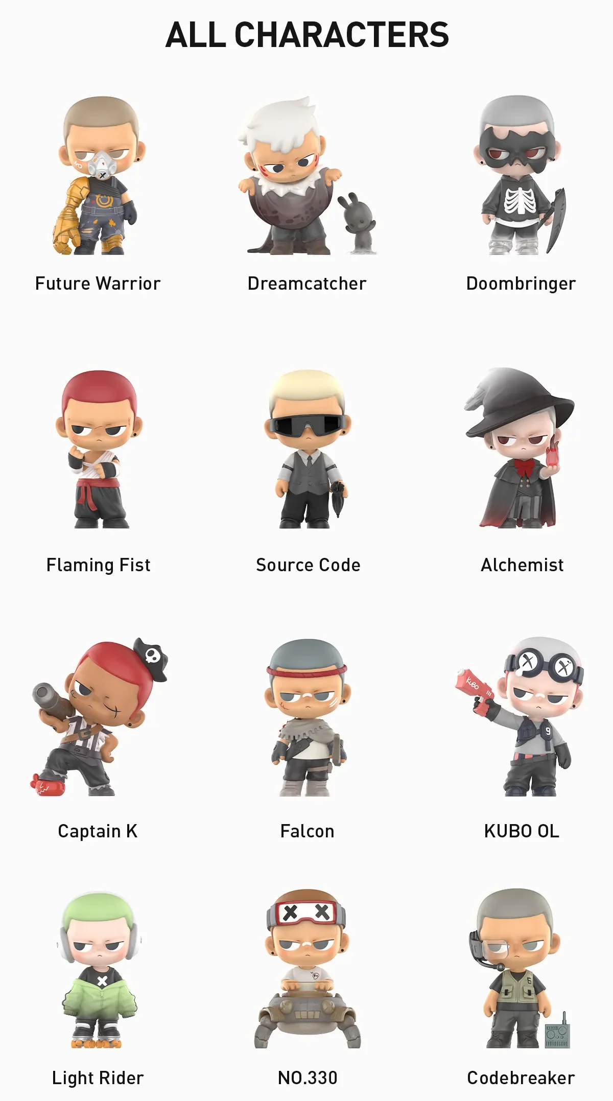 “All Characters” checklist for KUBO Select Your Character: Future Warrior, Dreamcatcher, Doombringer, Flaming Fist, Source Code, Alchemist, Captain K, Falcon, KUBO OL, Light Rider, NO.330, and Codebreaker.