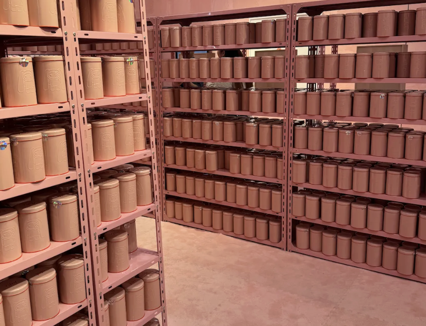 Supermarket-style shelving packed with cylindrical Juju blind-box tins inside a pink display room at Phillips in Hong Kong.