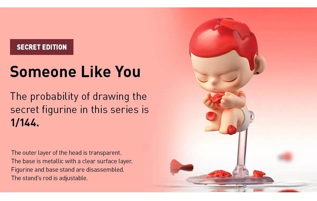 Promo card labeled “SECRET EDITION — Someone Like You” stating the secret draw probability is 1/144; a red-haired KUBO sits on a transparent stand holding a red heart, with petals on the base and floor.