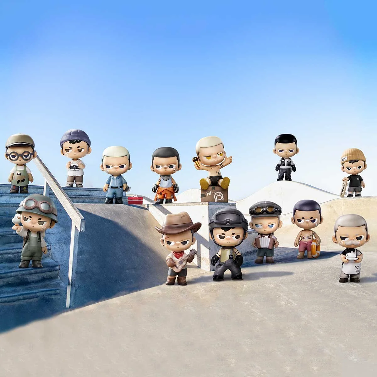 Thirteen KUBO collectible figures stand on concrete skate-park ramps under a clear blue sky, each wearing a different outfit (including cowboy hat, goggles, tactical gear, and a chef apron).