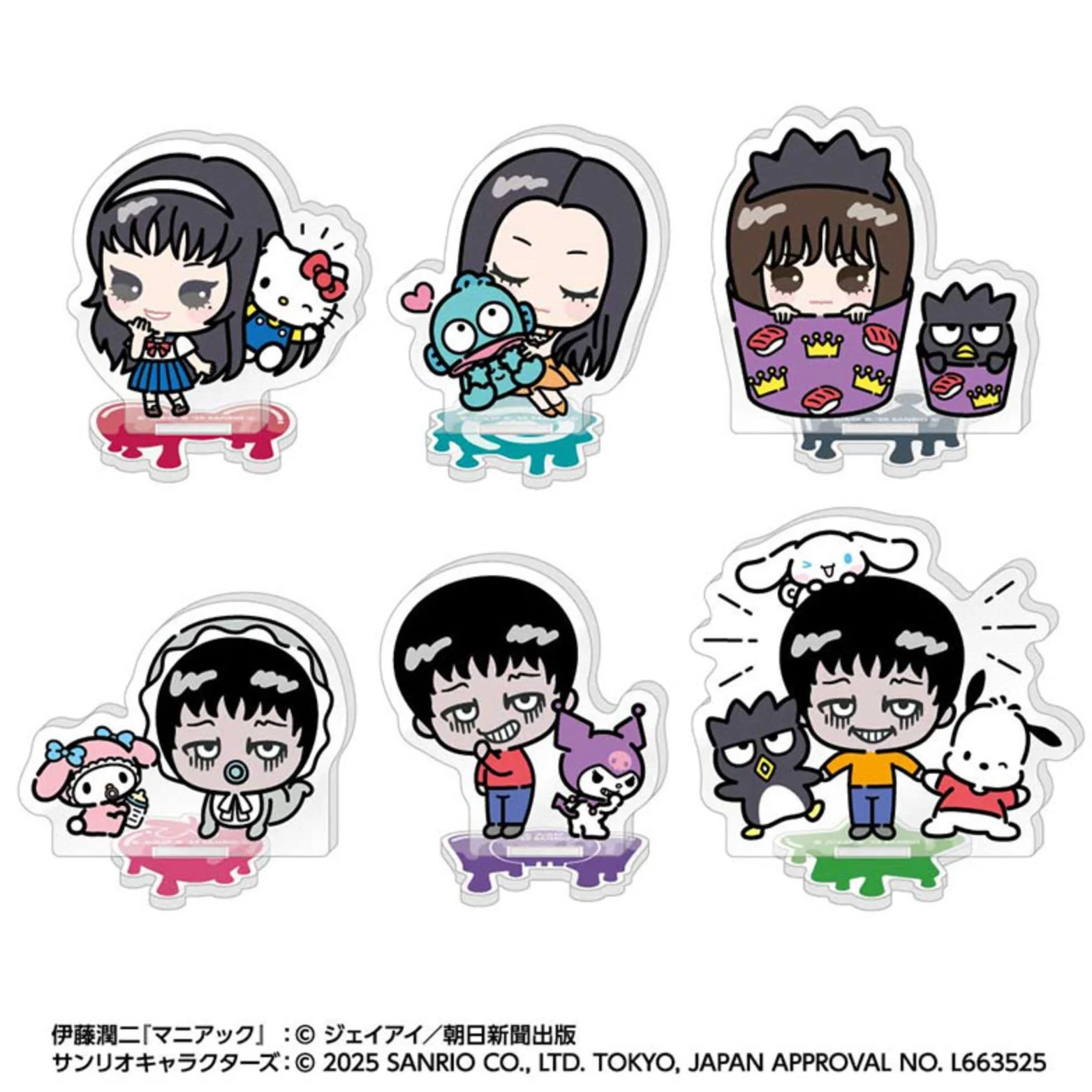Six small acrylic standees of chibi characters, each on a colored drip-shaped base with a matching background motif.
