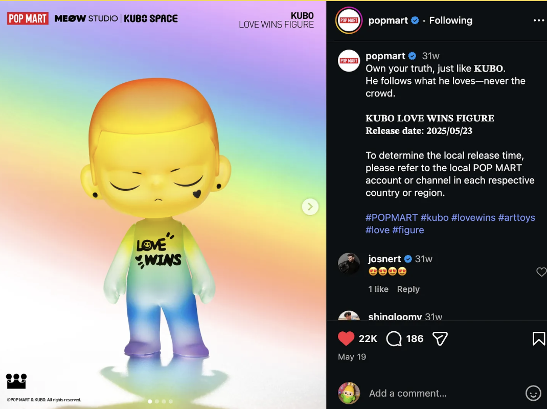 A screenshot of Pop Mart’s Instagram announcement for the “Kubo Love Wins Figure,” pairing a rainbow-gradient Kubo with the tagline “Own your truth, just like Kubo.”